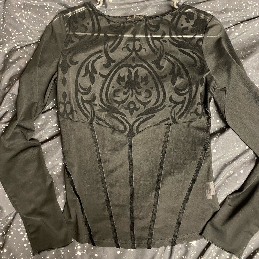 Devil Fashion Mesh Top w/ Velvet Overlay and Piping